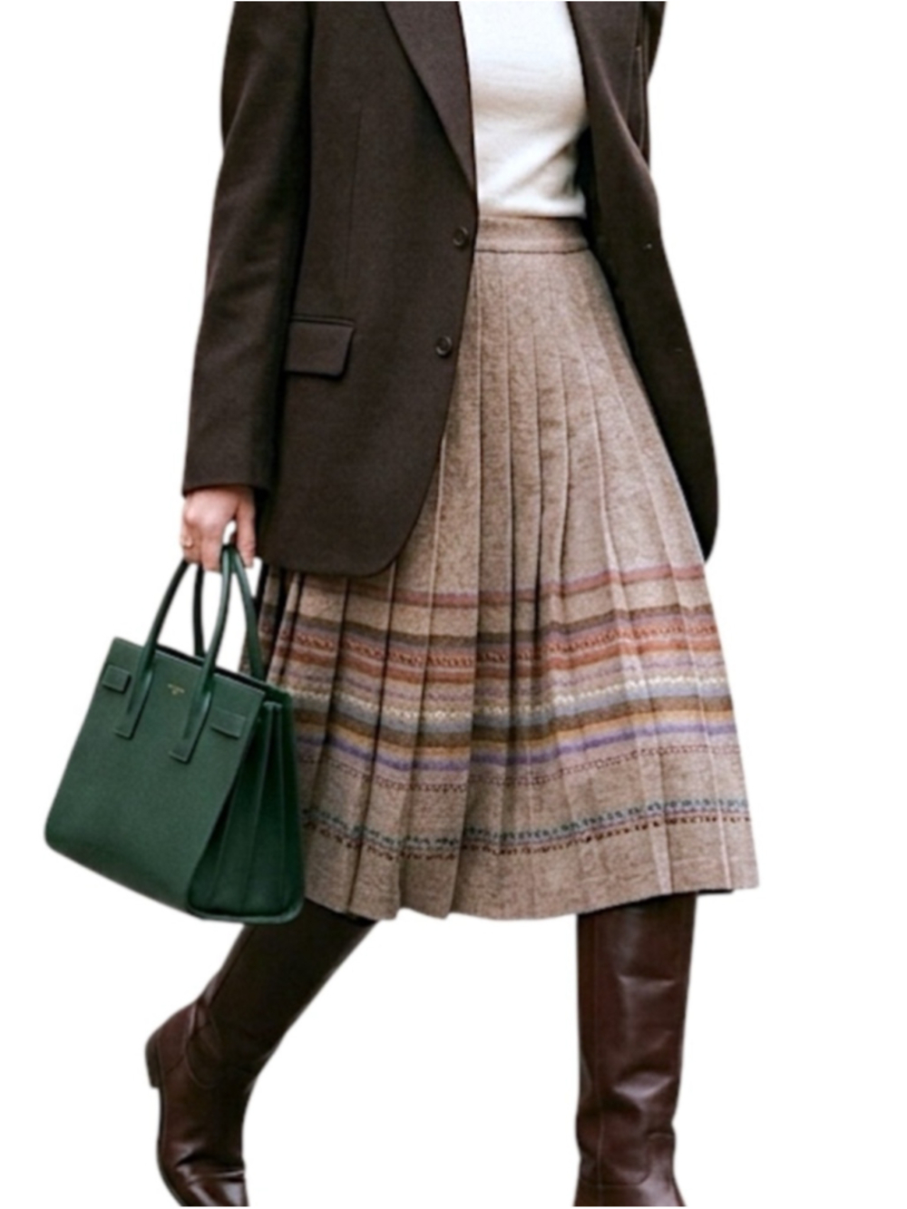 VTG 70s 80s wool blend brown knife pleated brown geometric band midi skirt 13